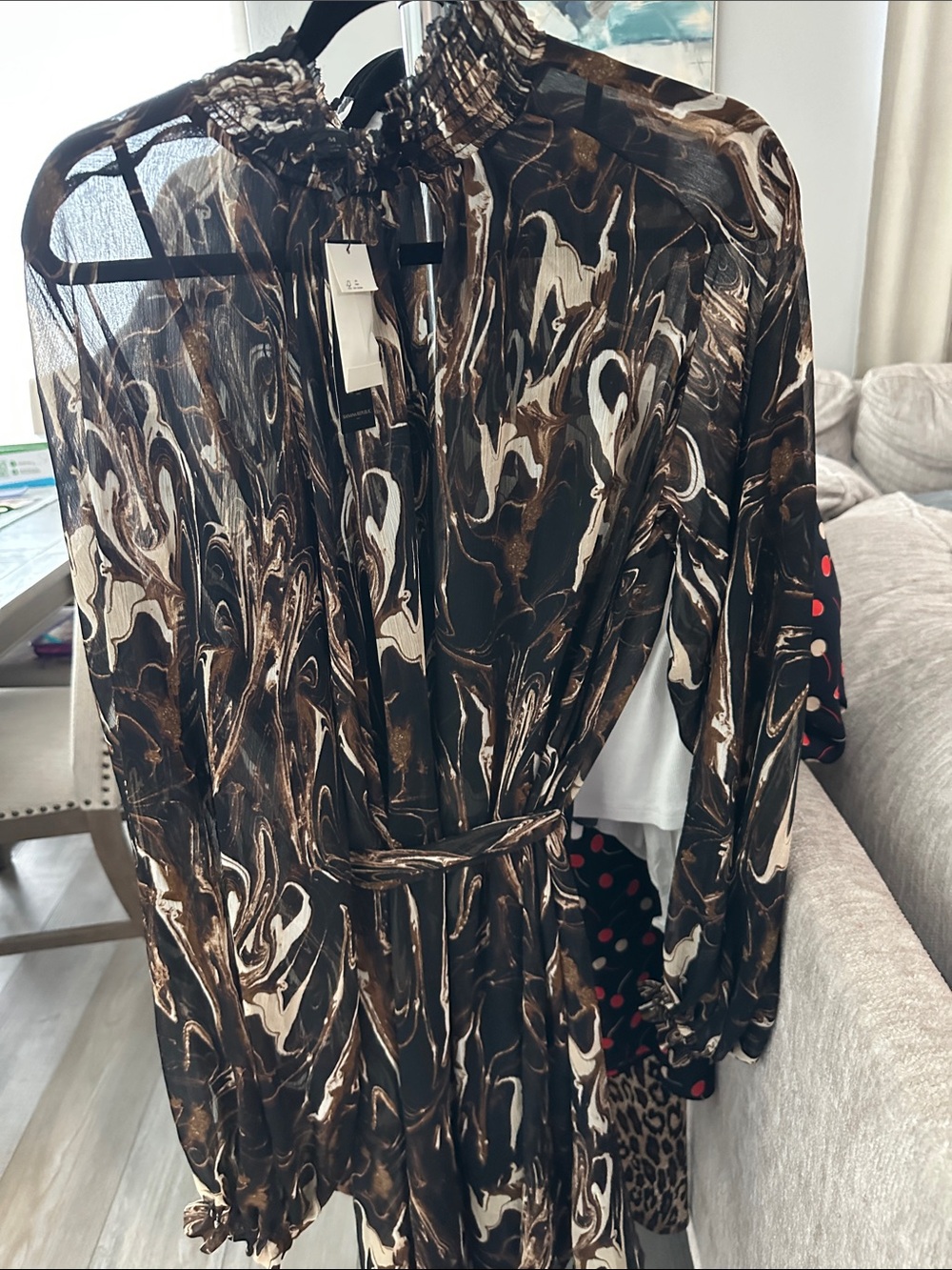 Banana Republic Brown Marble-Print Long Sleeve Smocked Neck Wrap Dress